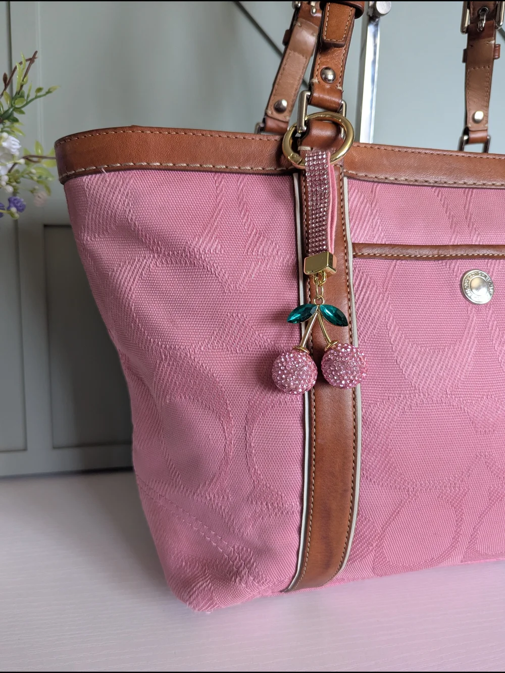 Coach Pink Canvas Tote with Brown Leather Trim